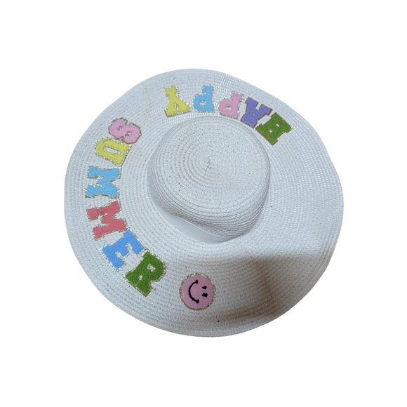 Lucky Accessories - Lucky Happy Summer Sun Hat Women Size 7 White Good Floppy Wide Brim Smiley Face